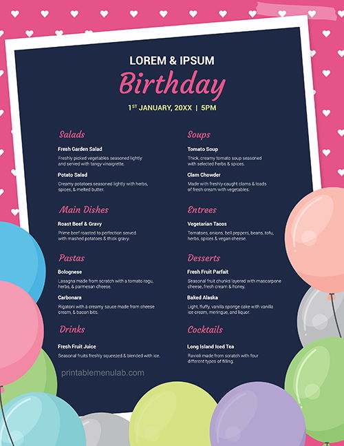 Birthday Dinner Menu Template Lupon gov ph